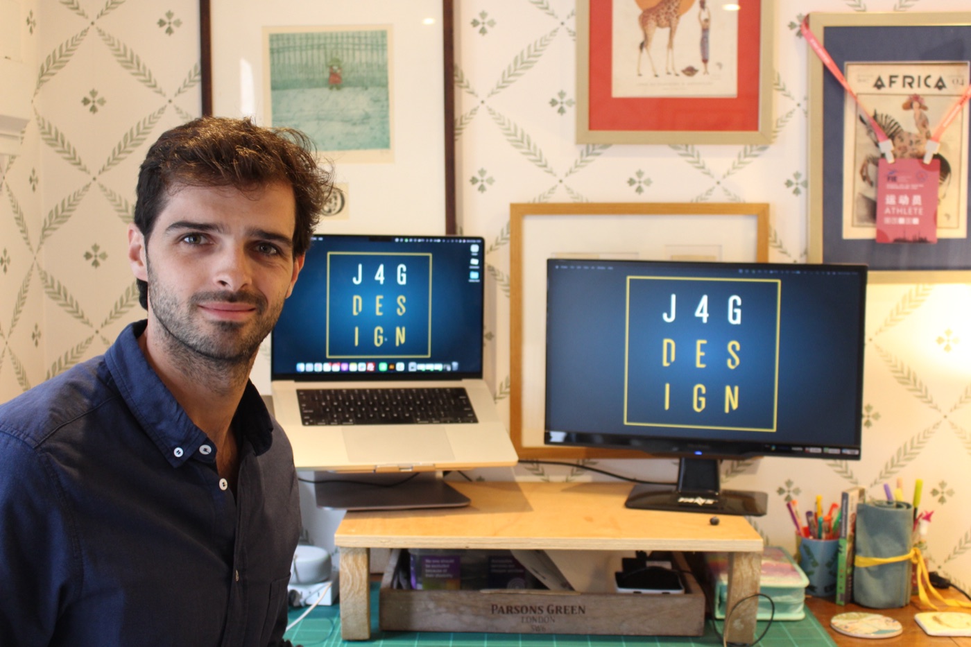 Christopher Mollard at his J4G Design studio desk in Fulham