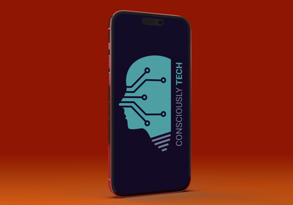 iPhone mock up with the Consciously Tech logo on it