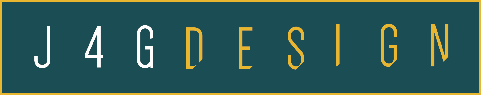 J4G Design logo in a long, sticker form - white and yellow text on a green background with a yellow rectangular border