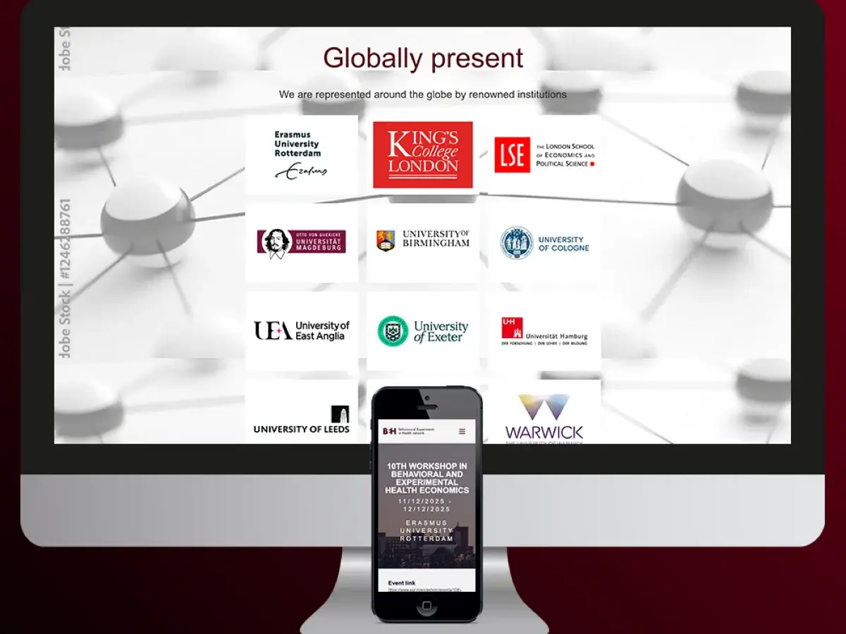 Mockup of the new BEH website on iPhone and desktop, with screenshots of the homepage and an event page