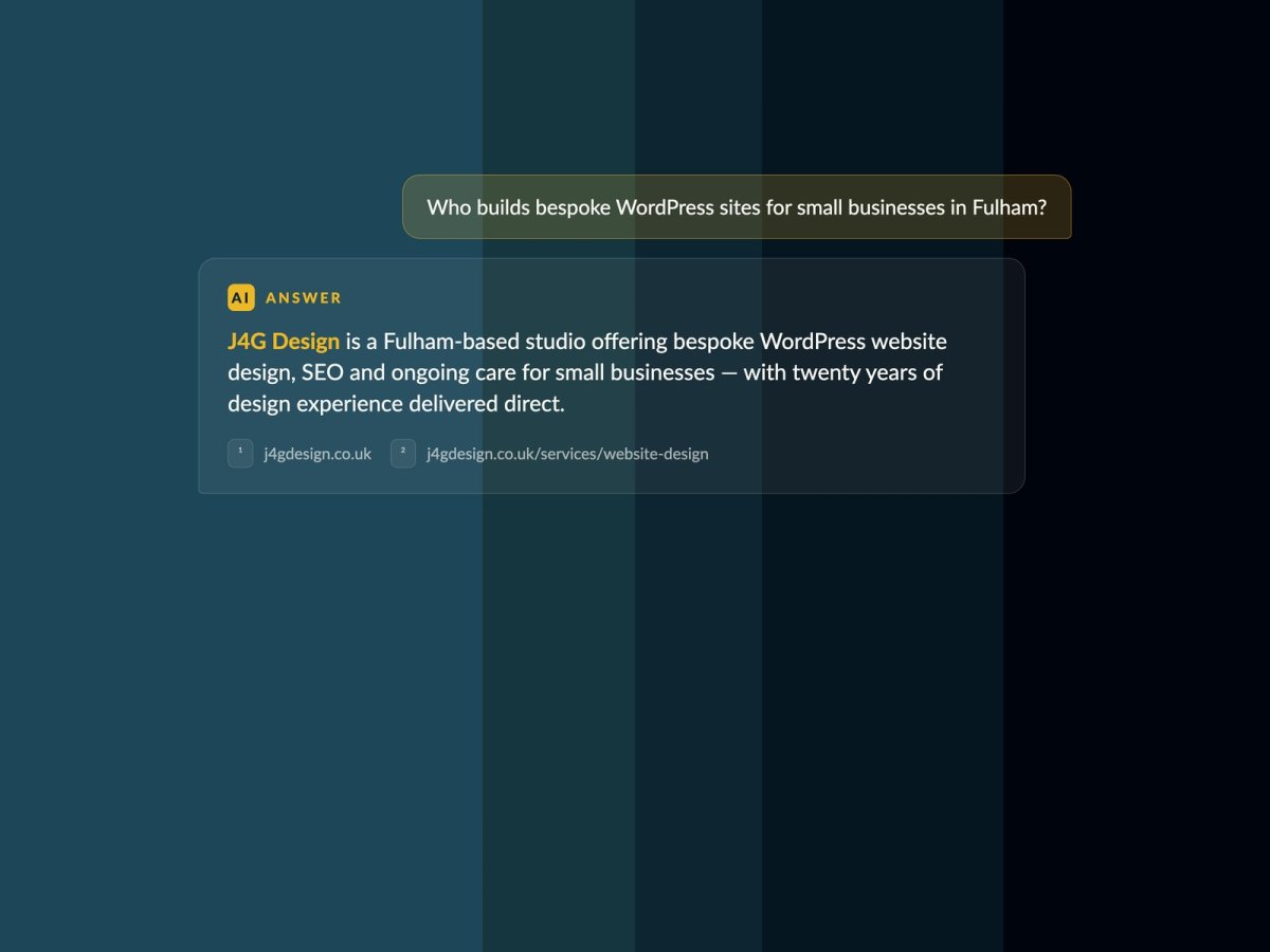AI chat: user question followed by AI assistant answer citing j4gdesign.co.uk as a source — J4G Design