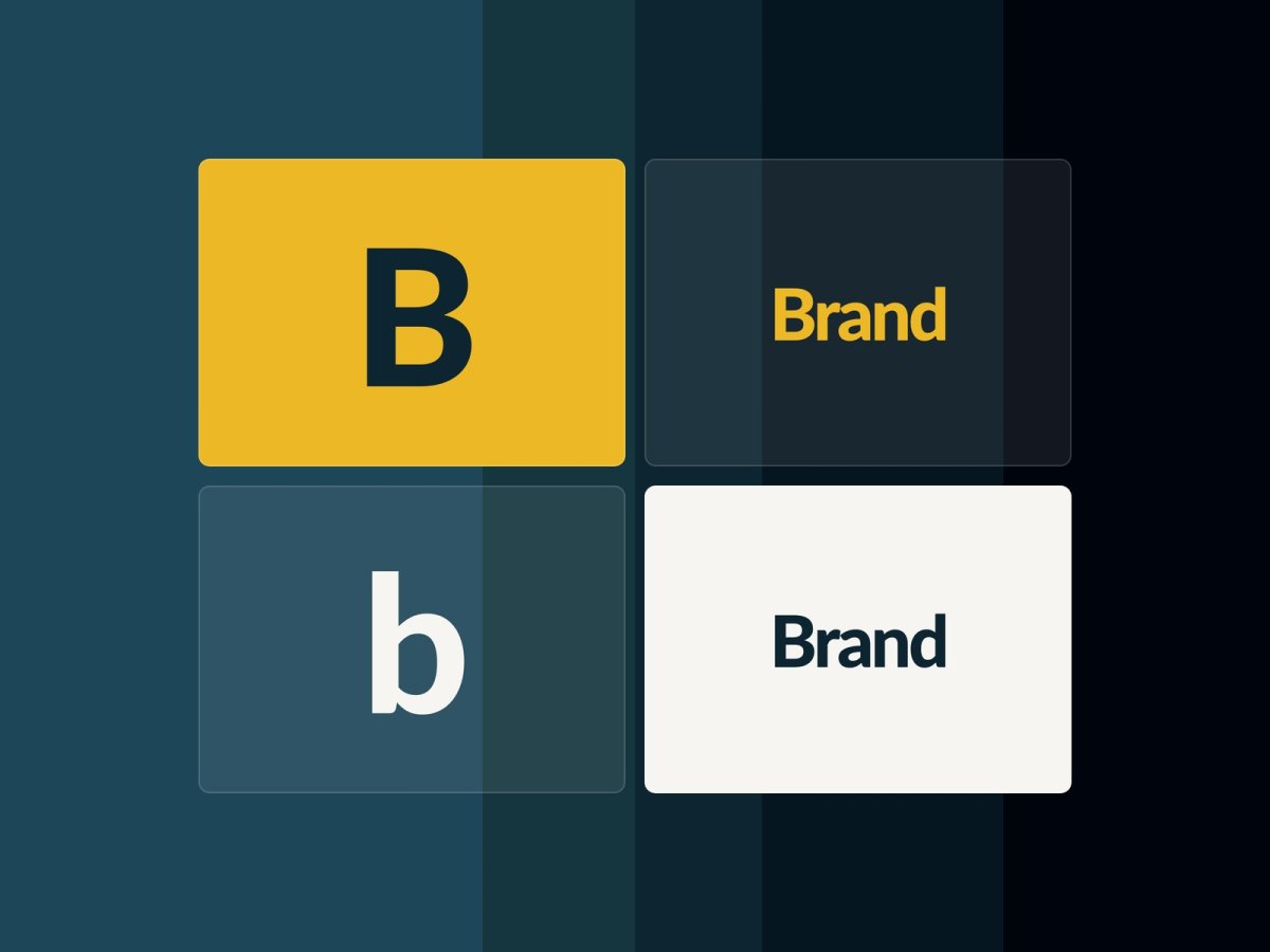 2x2 brand-mark lockup grid: gold B mark, light wordmark, white b lowercase, dark wordmark — J4G Design