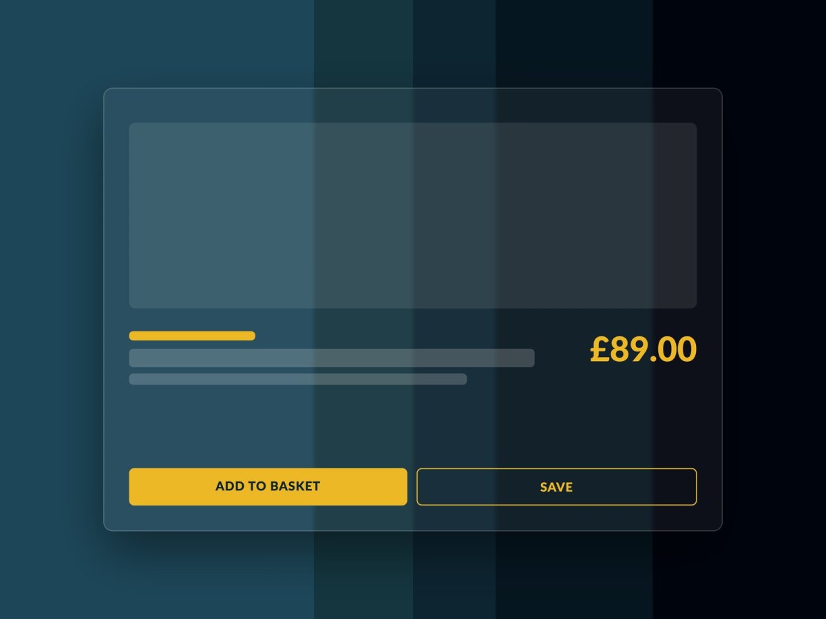Product card mockup with product image, title, price (£89.00) and Add-to-basket button — J4G Design