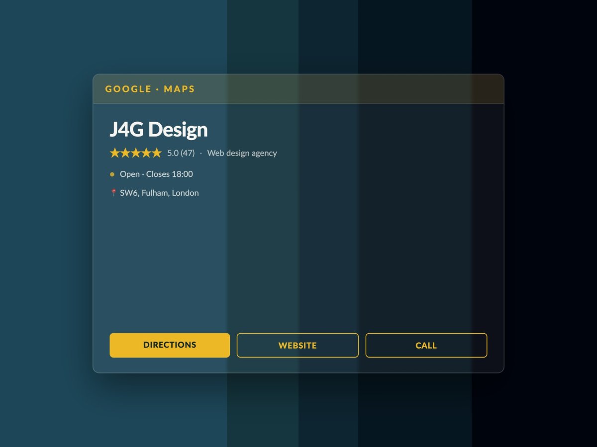 Google Maps listing card for J4G Design with 5.0 stars (47 reviews), opening hours and Directions/Website/Call buttons