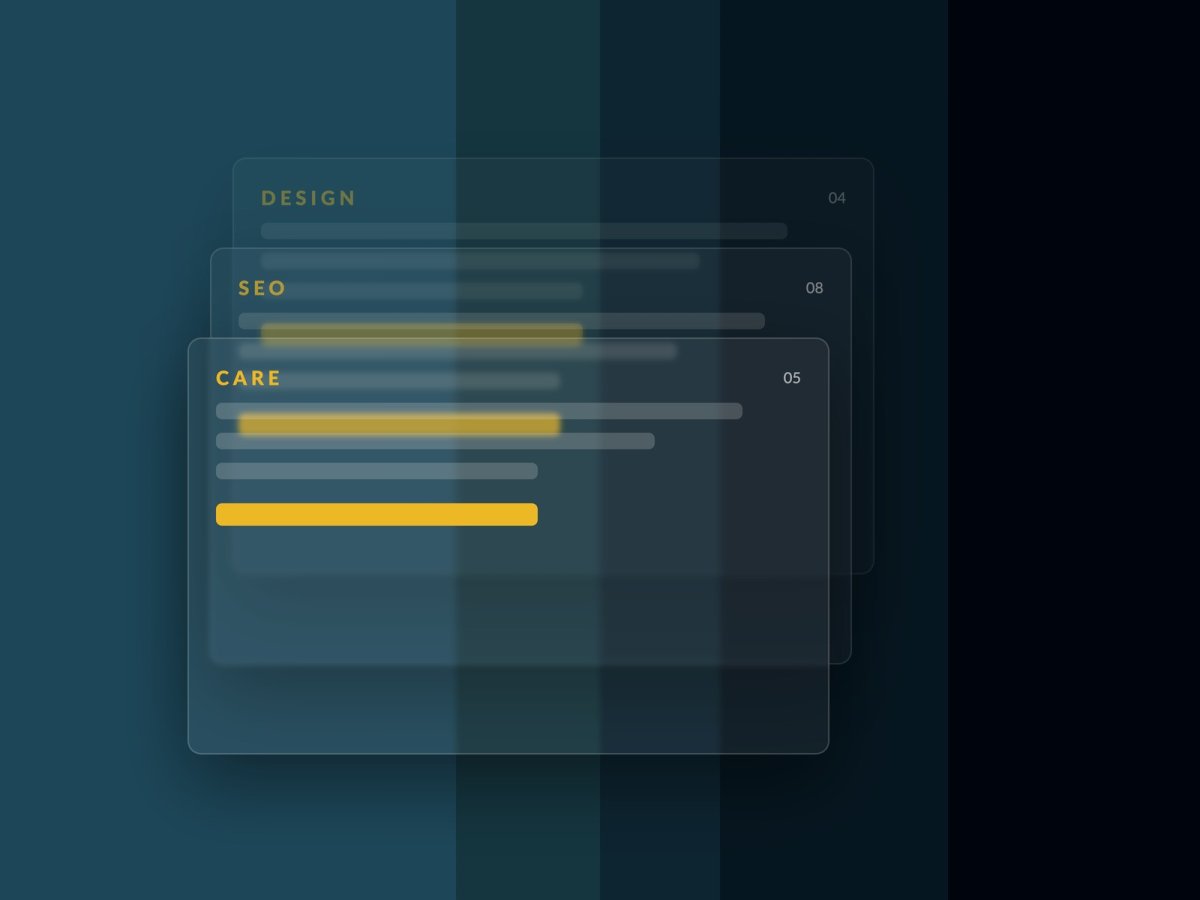Three stacked cards labelled Design, SEO and Care — the bundled Studio Packages — J4G Design