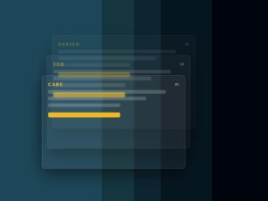 Three stacked cards labelled Design, SEO and Care — the bundled Studio Packages — J4G Design