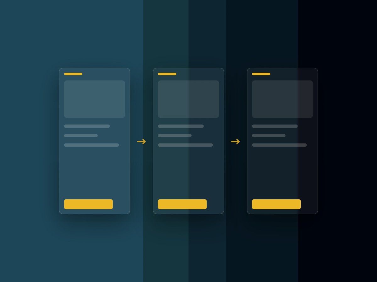 Three phone-screen wireframes connected by gold arrows — J4G Design UX flow