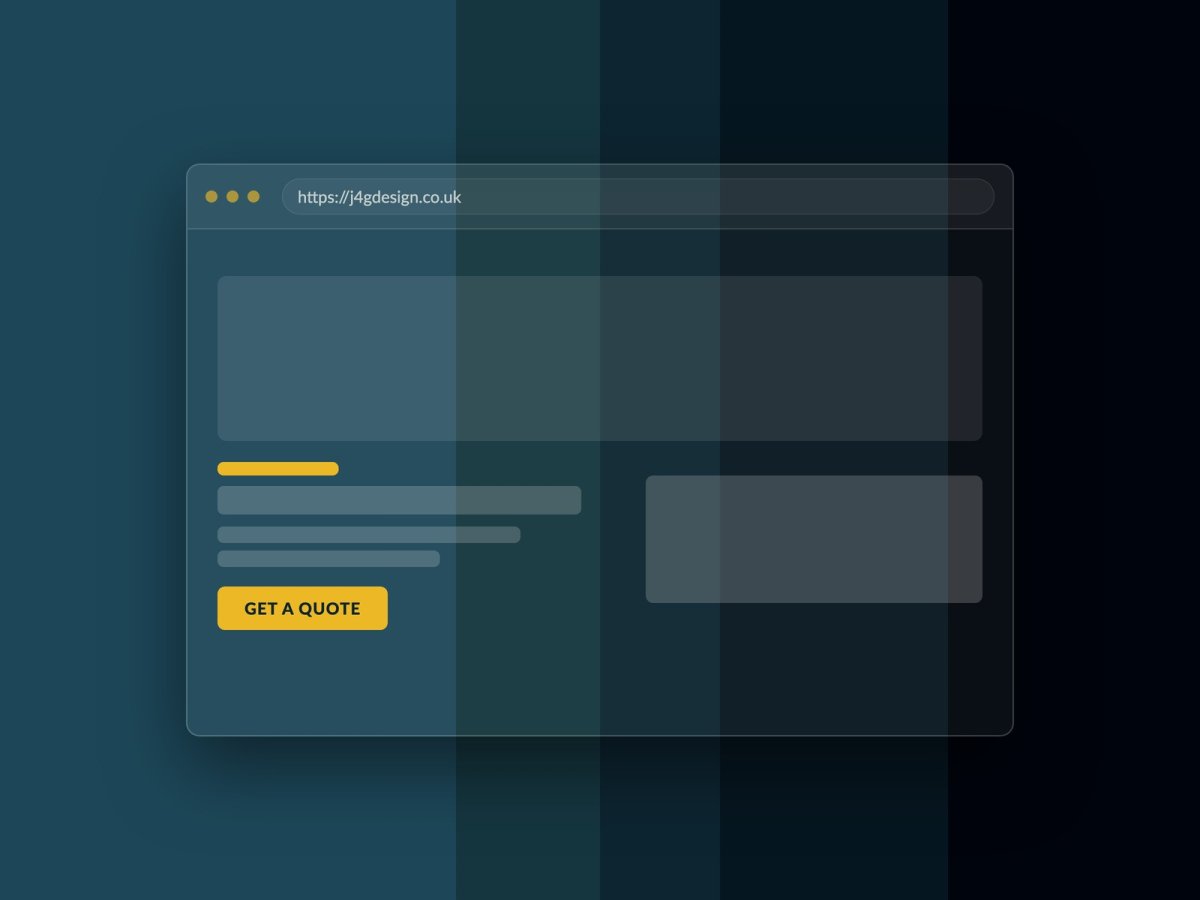 Browser-window mockup with hero block, headline, body and gold CTA — J4G Design