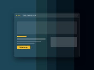 Browser-window mockup with hero block, headline, body and gold CTA — J4G Design