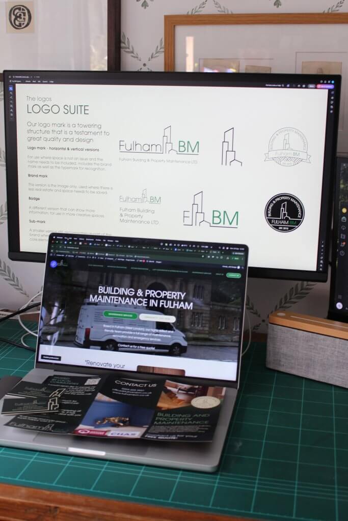 Fulham BM brand shown across devices — the logo suite on a desktop screen and the building and property maintenance homepage on a laptop