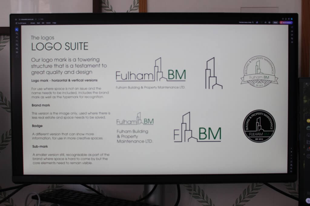 The Fulham BM logo suite on screen — the primary logo mark, badge and sub-mark variations with usage guidance