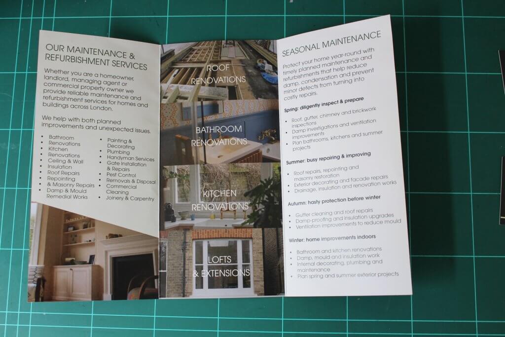 Inside spread of the Fulham BM tri-fold brochure listing maintenance and refurbishment services and seasonal maintenance, with renovation photography