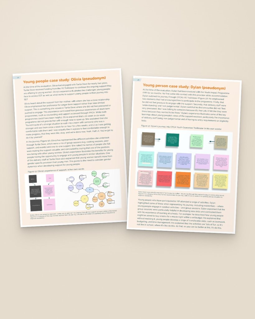 Two young person case study pages, one showing a journey diagram in his own words