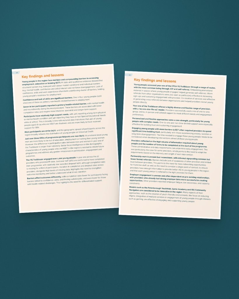 Two key findings pages set on a warm tinted panel