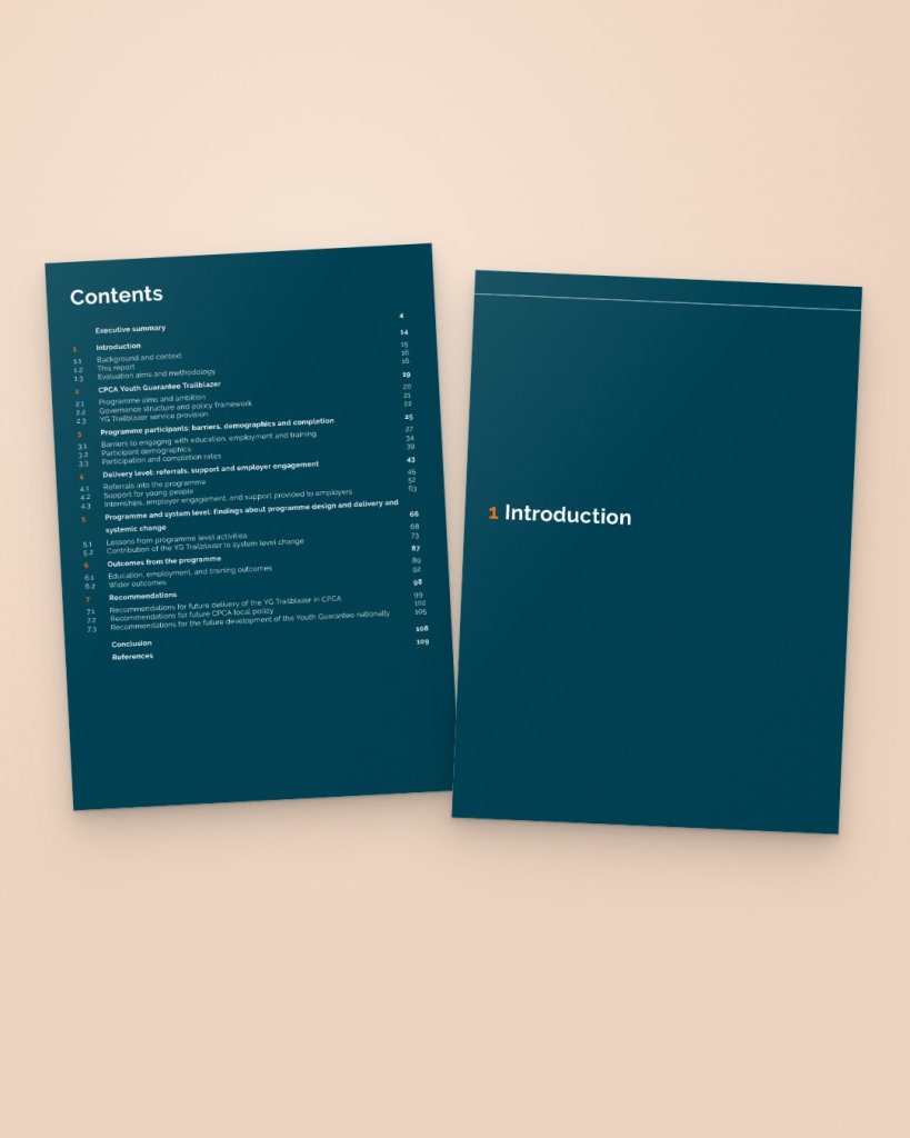 The contents page and a full-bleed section divider from the report