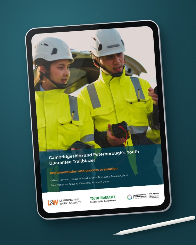 The cover of the Youth Guarantee Trailblazer evaluation report designed by J4G Design for Learning and Work Institute, shown on an iPad