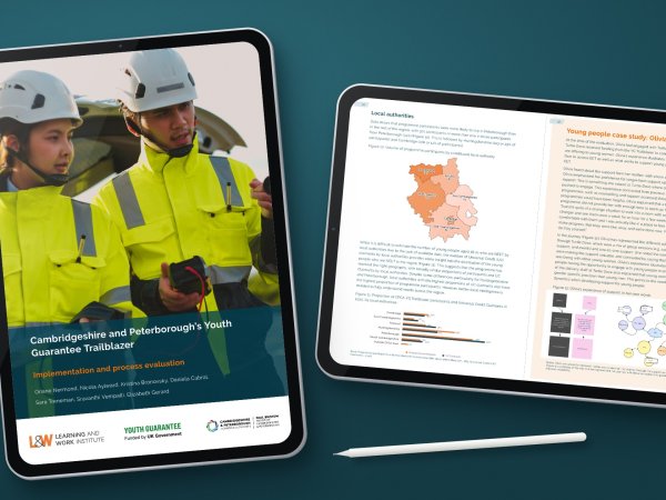 The Youth Guarantee Trailblazer evaluation report designed by J4G Design for Learning and Work Institute, shown on an iPad, with the cover in portrait and a map and case study spread in landscape
